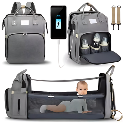 3-in-1 Smart Diaper Bag – Crib, Bottle Warmer & USB Charging