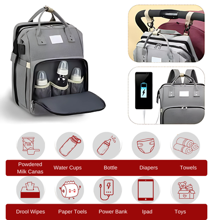 3-in-1 Smart Diaper Bag – Crib, Bottle Warmer & USB Charging